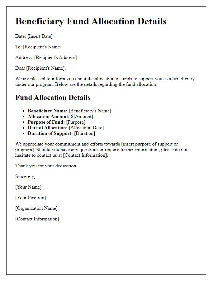 Letter template of beneficiary fund allocation details for support.