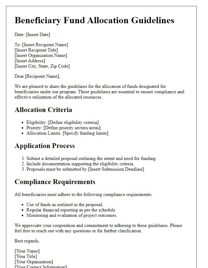 Letter template of beneficiary fund allocation guidelines for compliance.