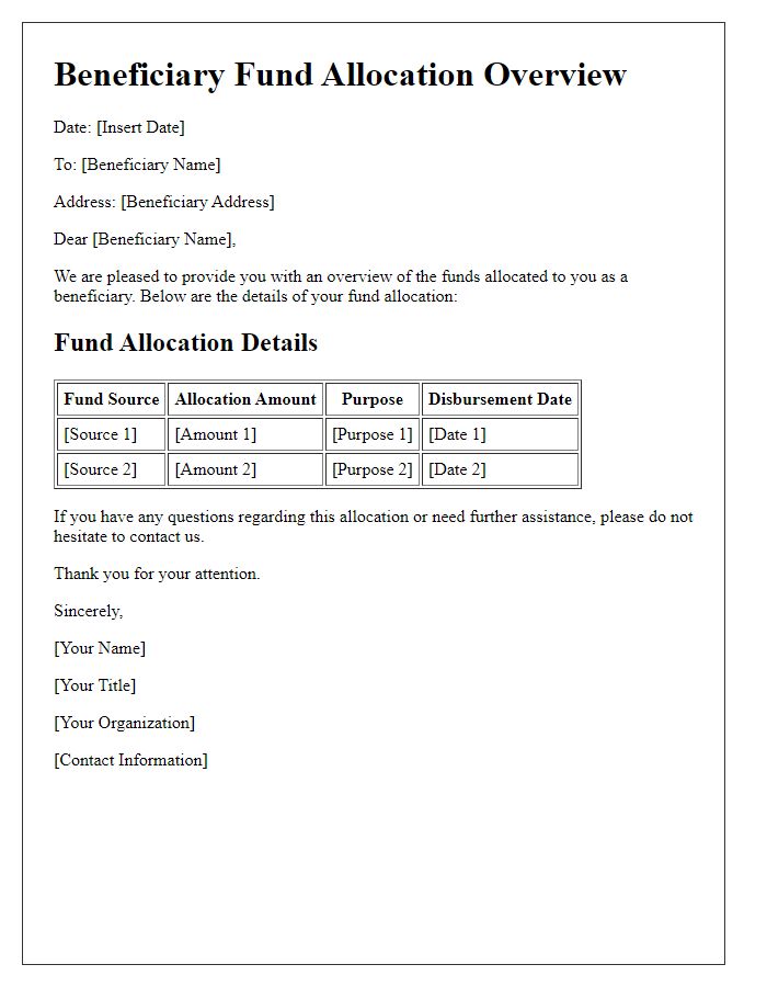 Letter template of beneficiary fund allocation overview for beneficiaries.