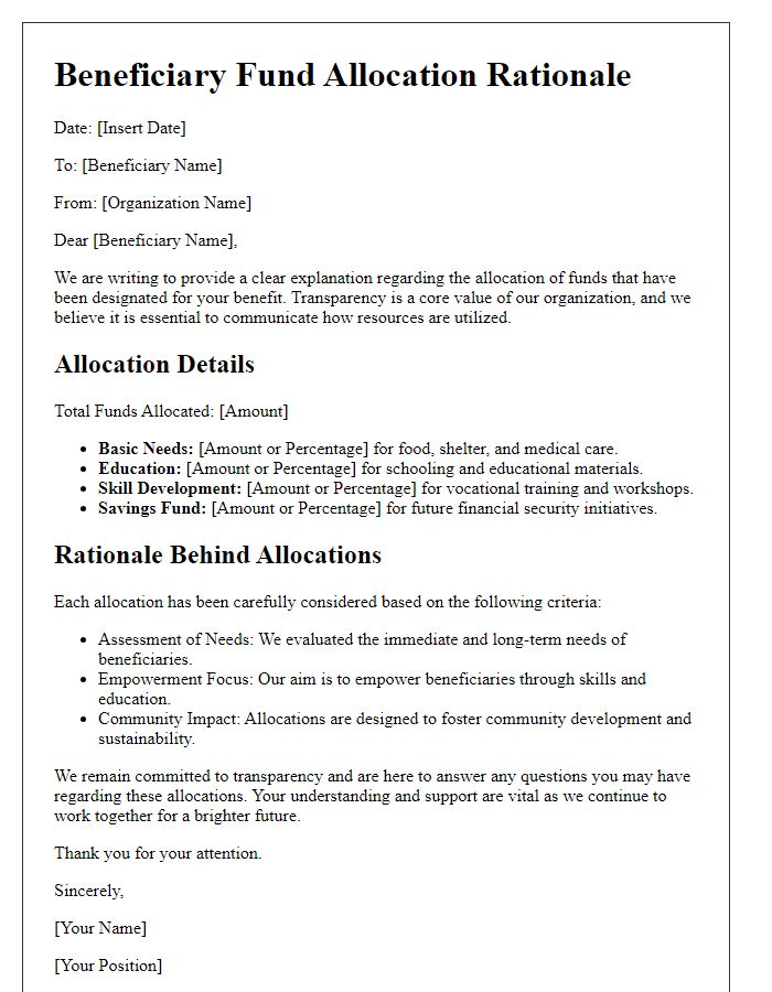 Letter template of beneficiary fund allocation rationale for transparency.