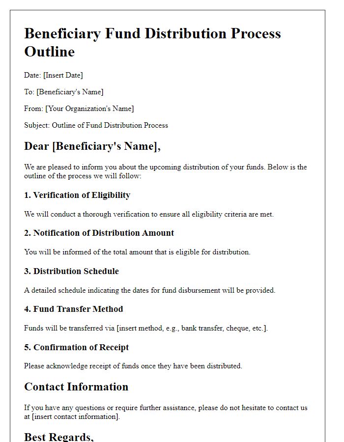 Letter template of beneficiary fund distribution process outline.