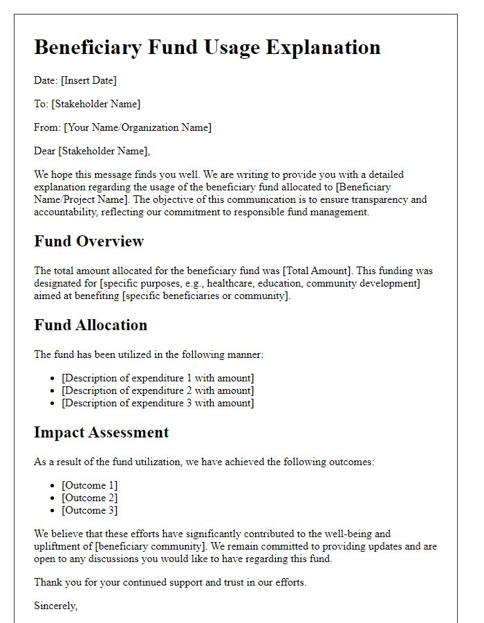 Letter template of beneficiary fund usage explanation for stakeholders.