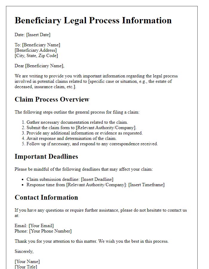 Letter template of beneficiary legal process information for potential claims.