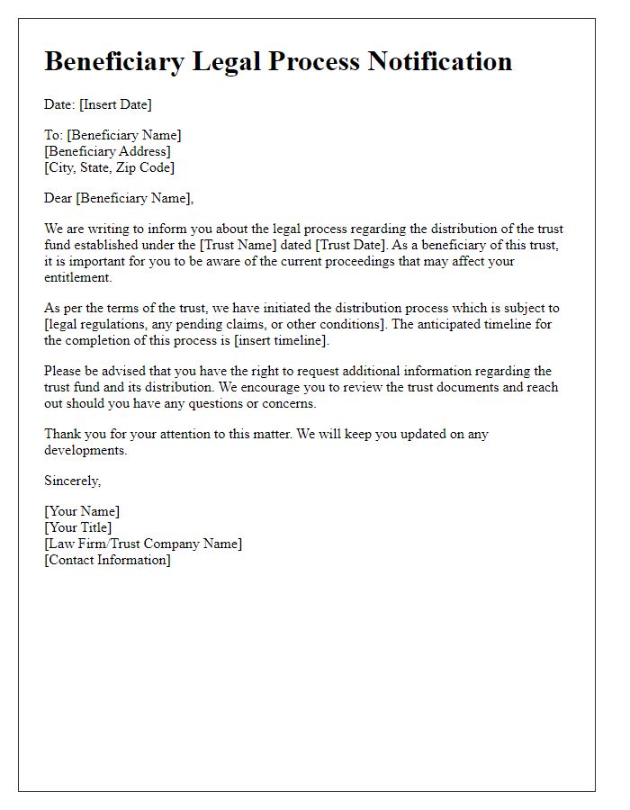 Letter template of beneficiary legal process notification for trust fund distribution.