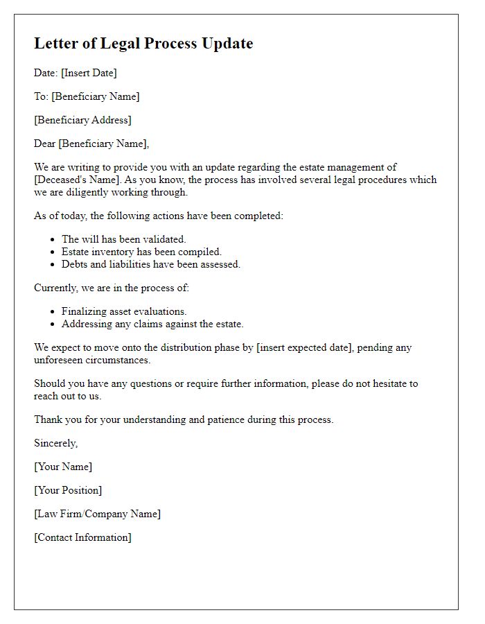 Letter template of legal process update for beneficiaries regarding estate management.