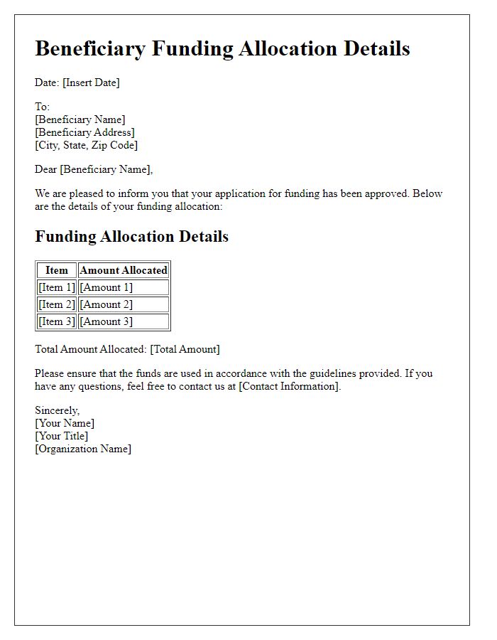 Letter template of beneficiary funding allocation details