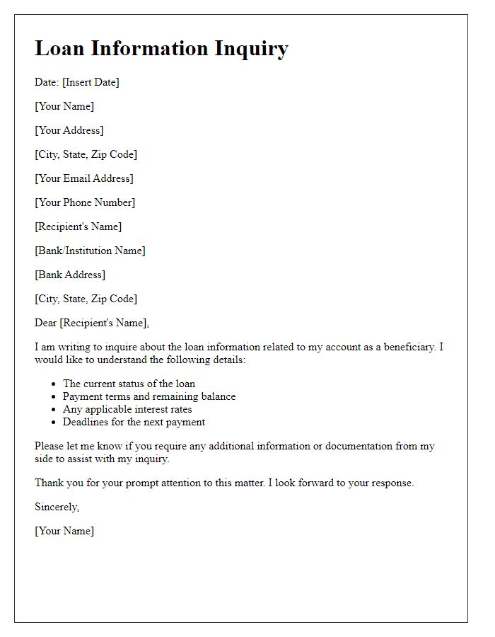 Letter template of beneficiary loan information inquiry