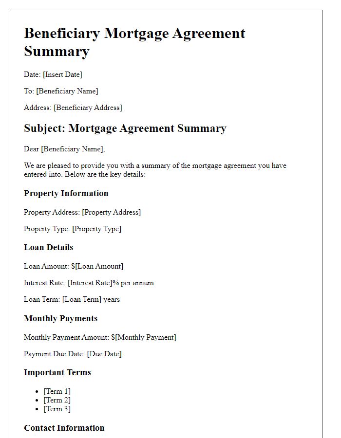 Letter template of beneficiary mortgage agreement summary