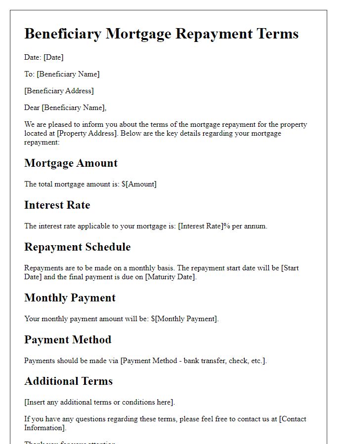 Letter template of beneficiary mortgage repayment terms