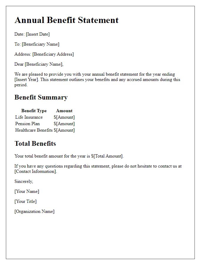 Letter template of annual benefit statement for beneficiaries.