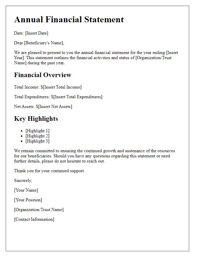 Letter template of annual financial statement for beneficiaries.