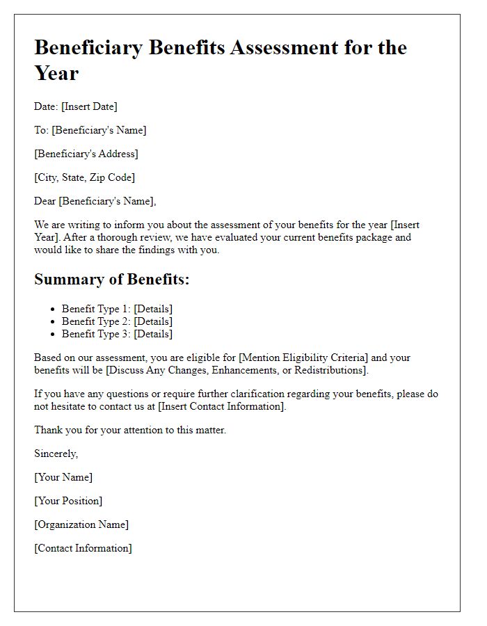 Letter template of beneficiary benefits assessment for the year.