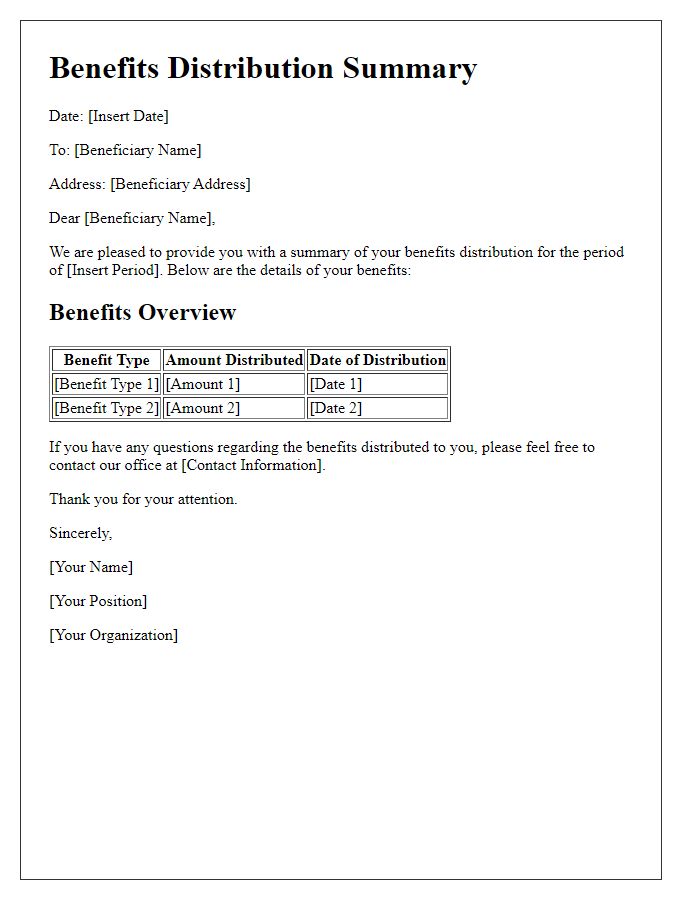 Letter template of benefits distribution summary for beneficiaries.