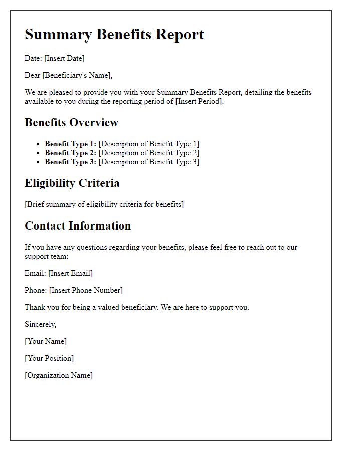 Letter template of summary benefits report for beneficiaries.