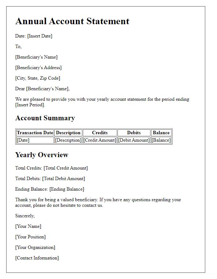 Letter template of yearly beneficiaries account statement.