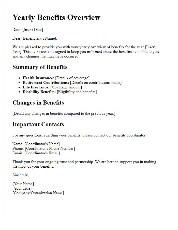 Letter template of yearly benefits overview for beneficiaries.