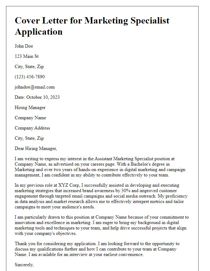 Letter template of assistant marketing specialist application cover letter