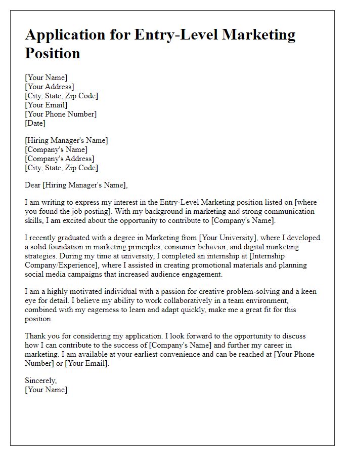 Letter template of entry-level marketing position application cover letter