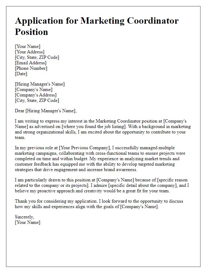 Letter template of marketing coordinator entry application cover letter