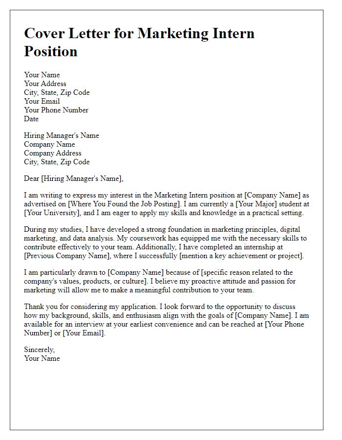 Letter template of marketing intern application cover letter