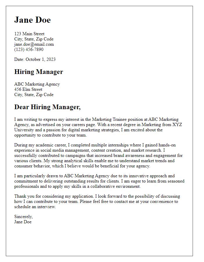 Letter template of marketing trainee job application cover letter