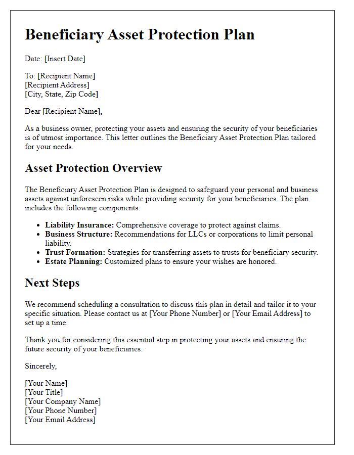 Letter template of beneficiary asset protection plan for business owners.