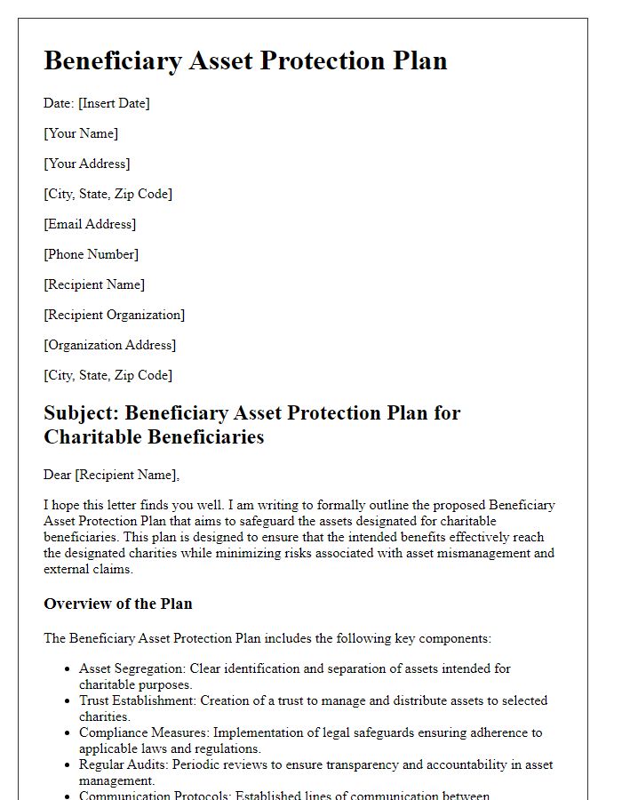 Letter template of beneficiary asset protection plan for charitable beneficiaries.