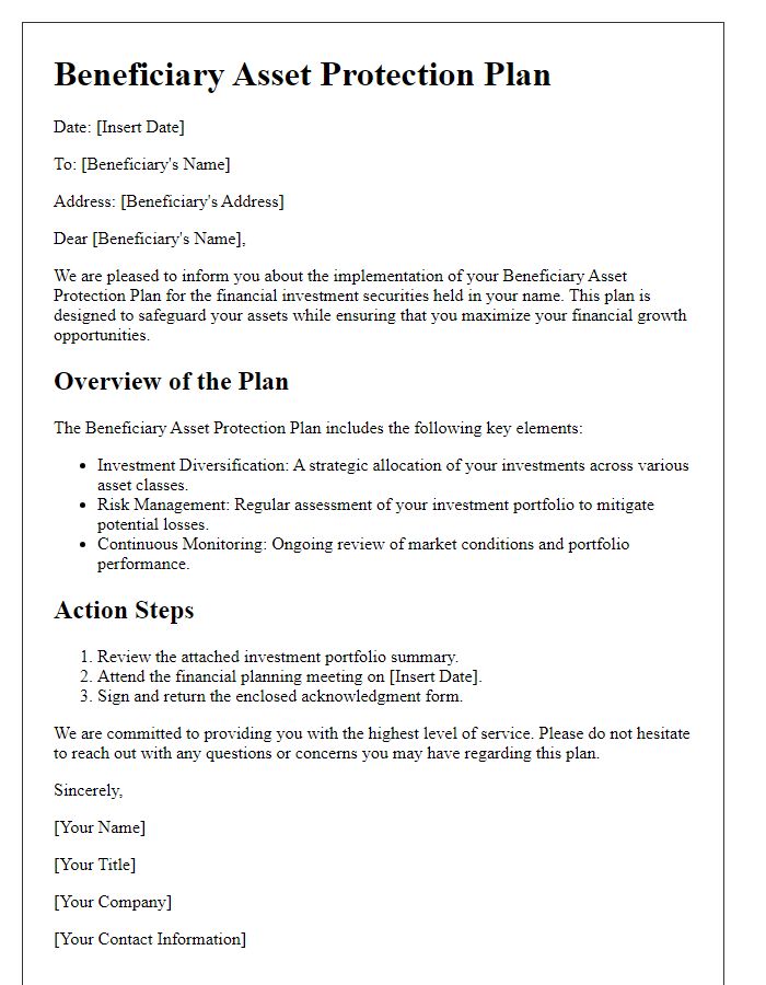 Letter template of beneficiary asset protection plan for financial investment securities.