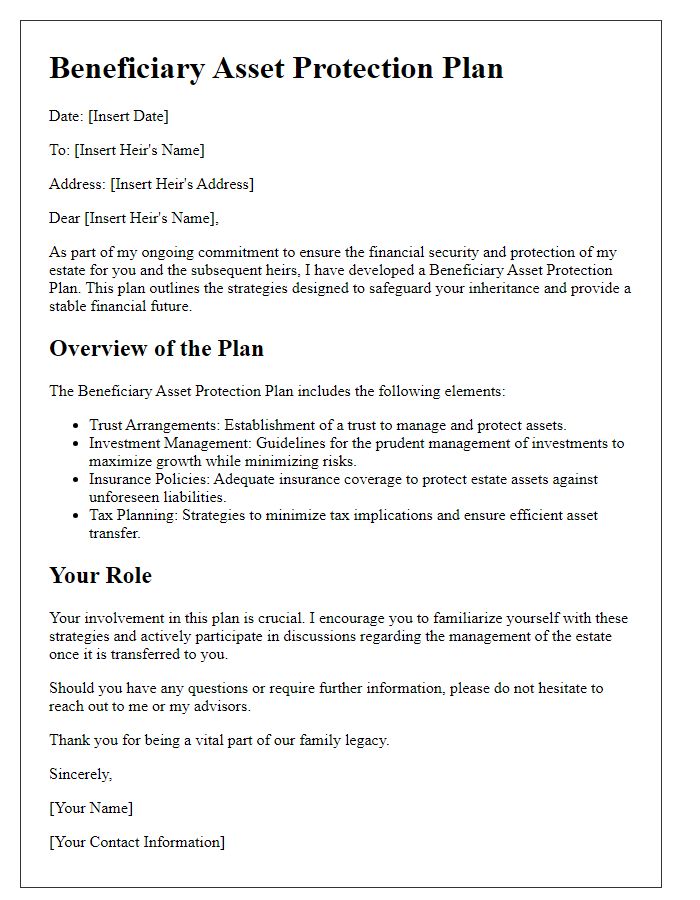 Letter template of beneficiary asset protection plan for heirs of an estate.