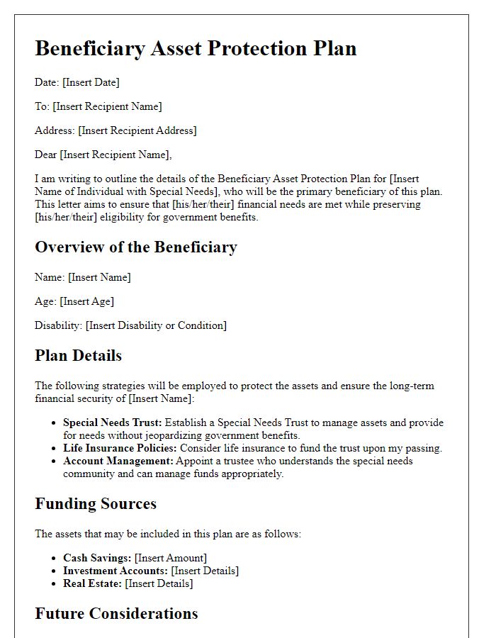 Letter template of beneficiary asset protection plan for individuals with special needs.