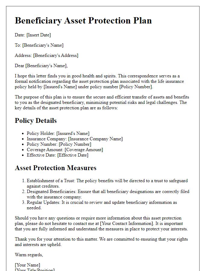 Letter template of beneficiary asset protection plan for life insurance policies.