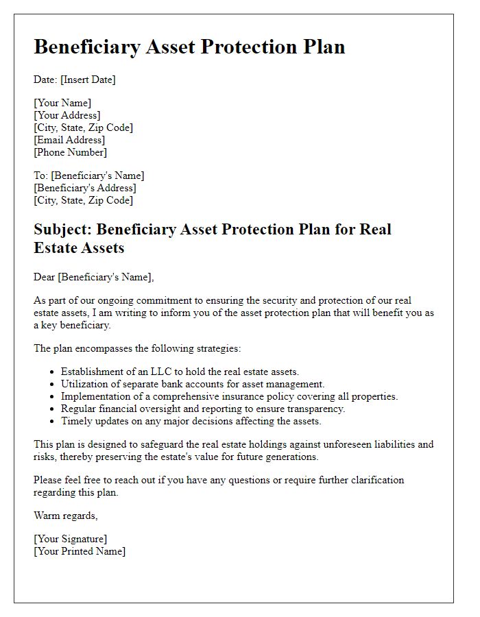 Letter template of beneficiary asset protection plan for real estate assets.