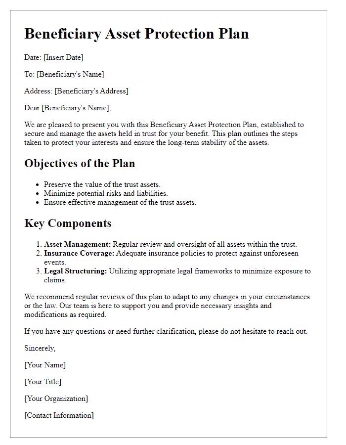 Letter template of beneficiary asset protection plan for trust beneficiaries.