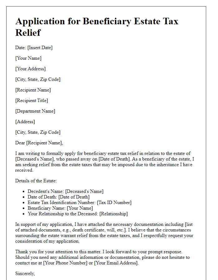 Letter template of application for beneficiary estate tax relief