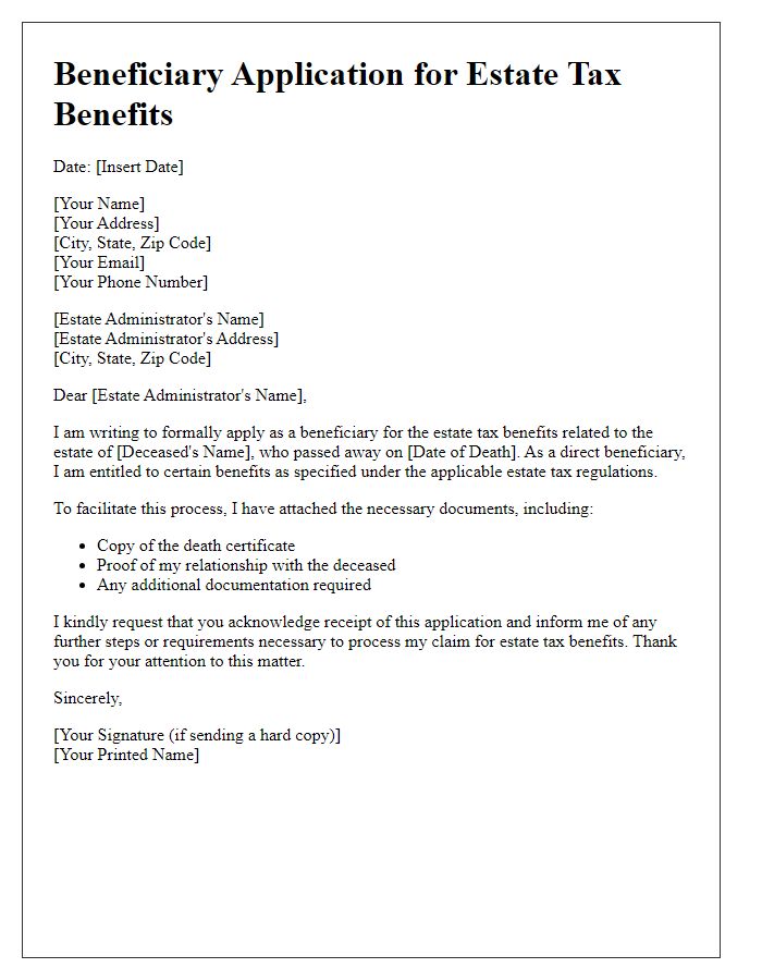 Letter template of beneficiary application for estate tax benefits