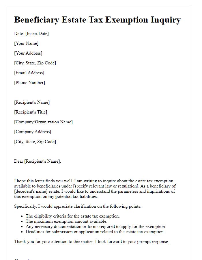 Letter template of beneficiary estate tax exemption inquiry