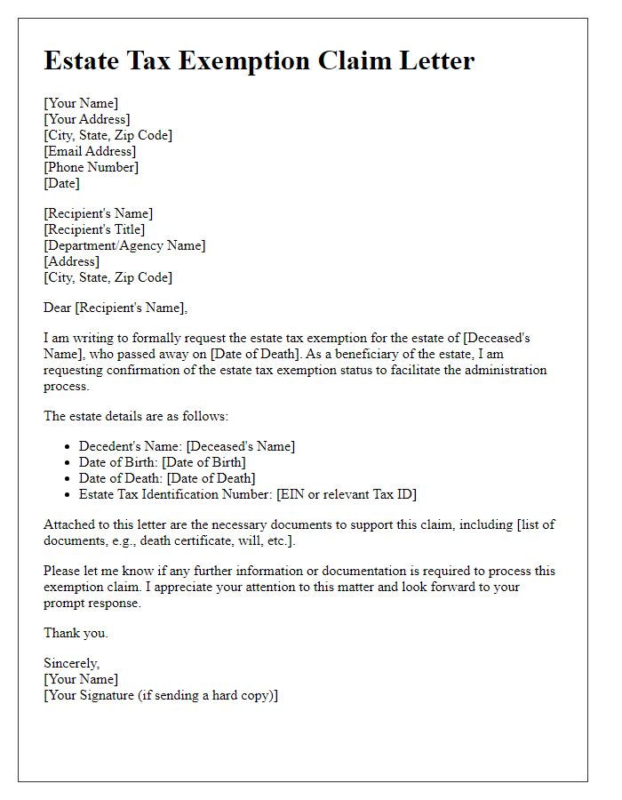 Letter template of estate tax exemption claim for beneficiaries