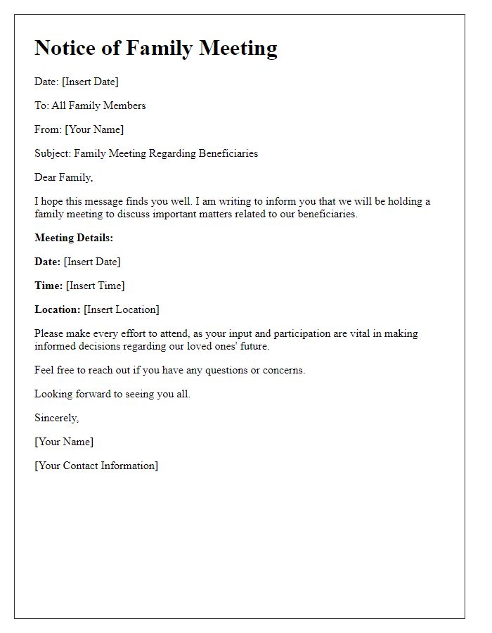 Letter template of notice for family meeting regarding beneficiaries.