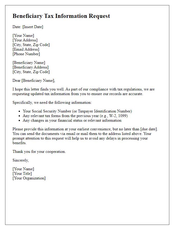 Letter template of beneficiary tax information request