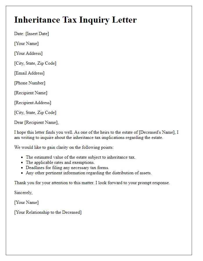 Letter template of inheritance tax question for heirs