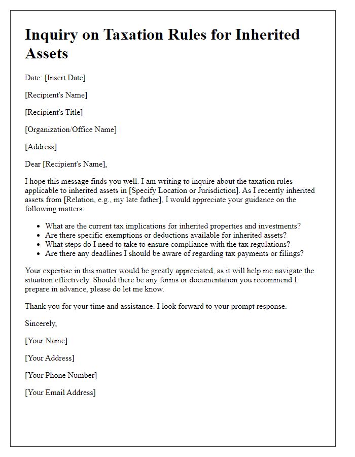 Letter template of inquiry on taxation rules for inherited assets