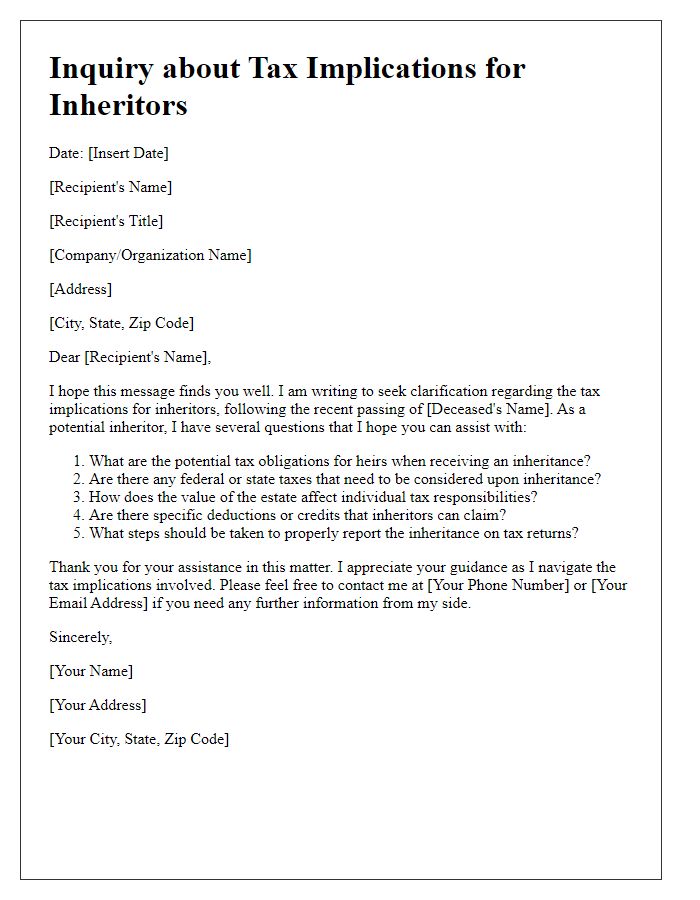 Letter template of questions about tax implications for inheritors