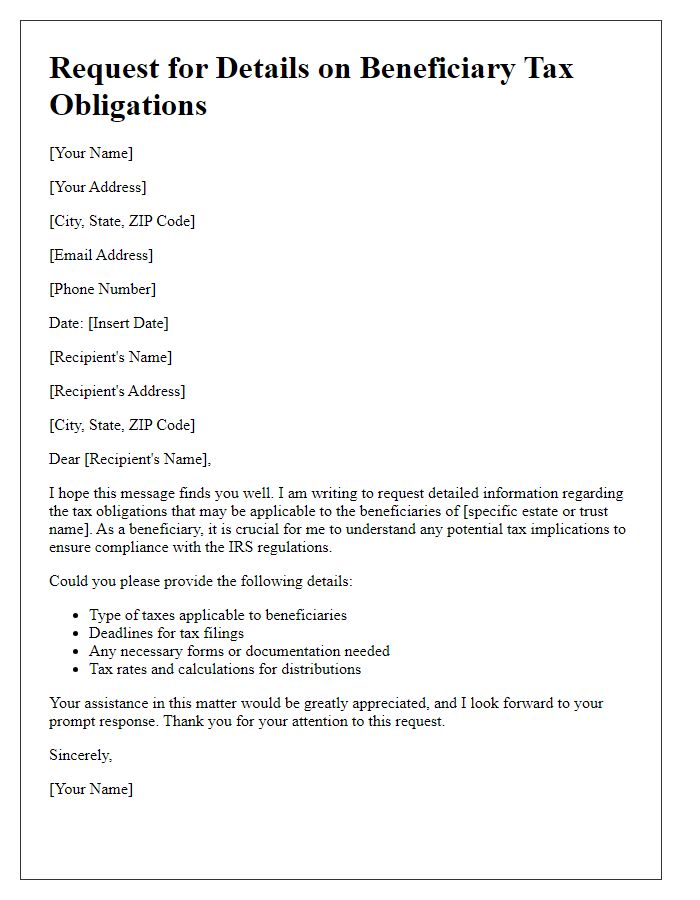 Letter template of request for details on beneficiary tax obligations