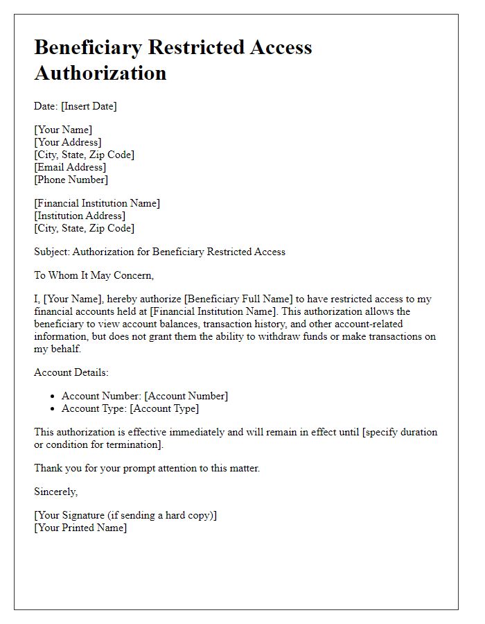 Letter template of Beneficiary Restricted Access Authorization for Financial Accounts