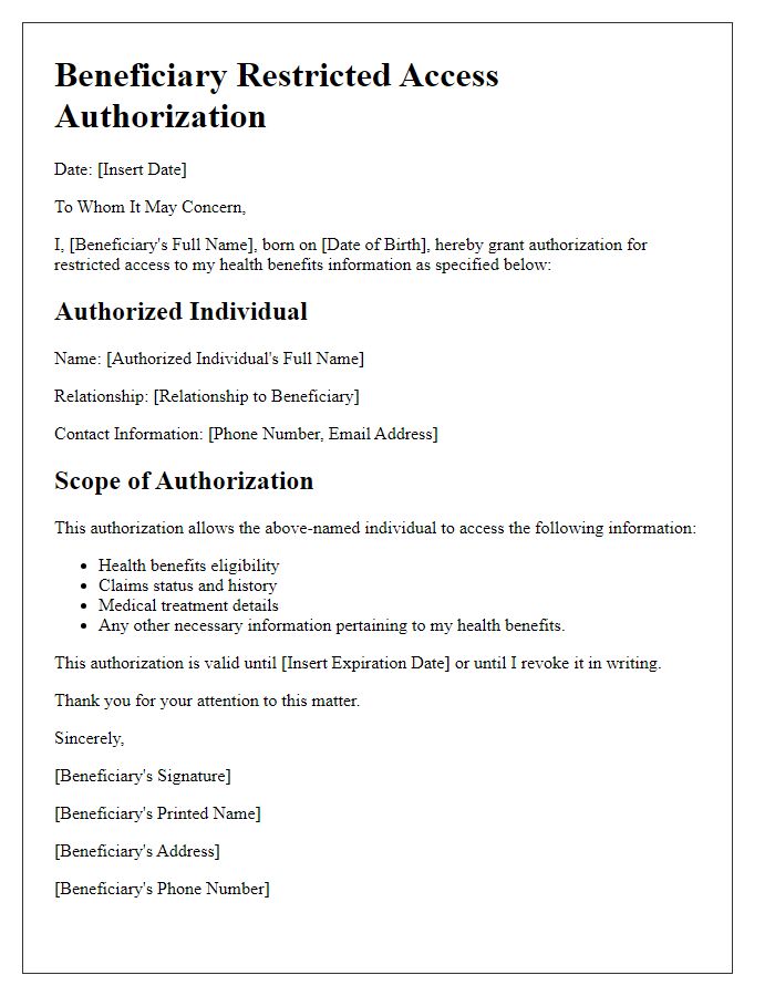 Letter template of Beneficiary Restricted Access Authorization for Health Benefits