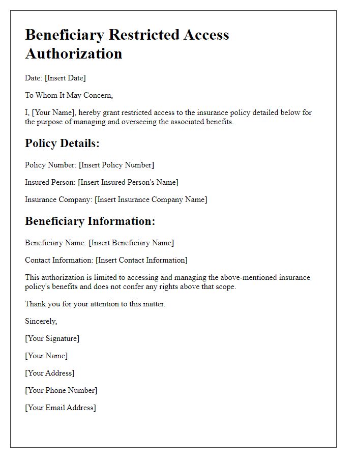 Letter template of Beneficiary Restricted Access Authorization for Insurance Policies