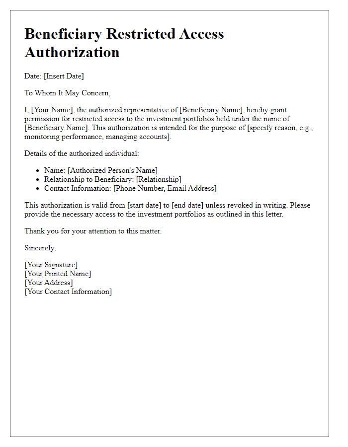 Letter template of Beneficiary Restricted Access Authorization for Investment Portfolios