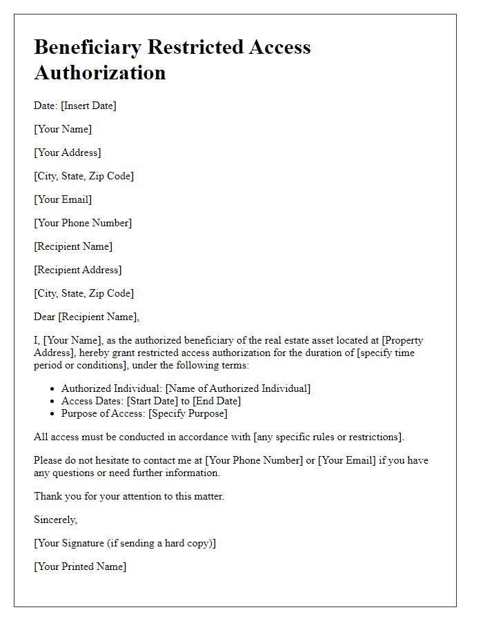 Letter template of Beneficiary Restricted Access Authorization for Real Estate Assets