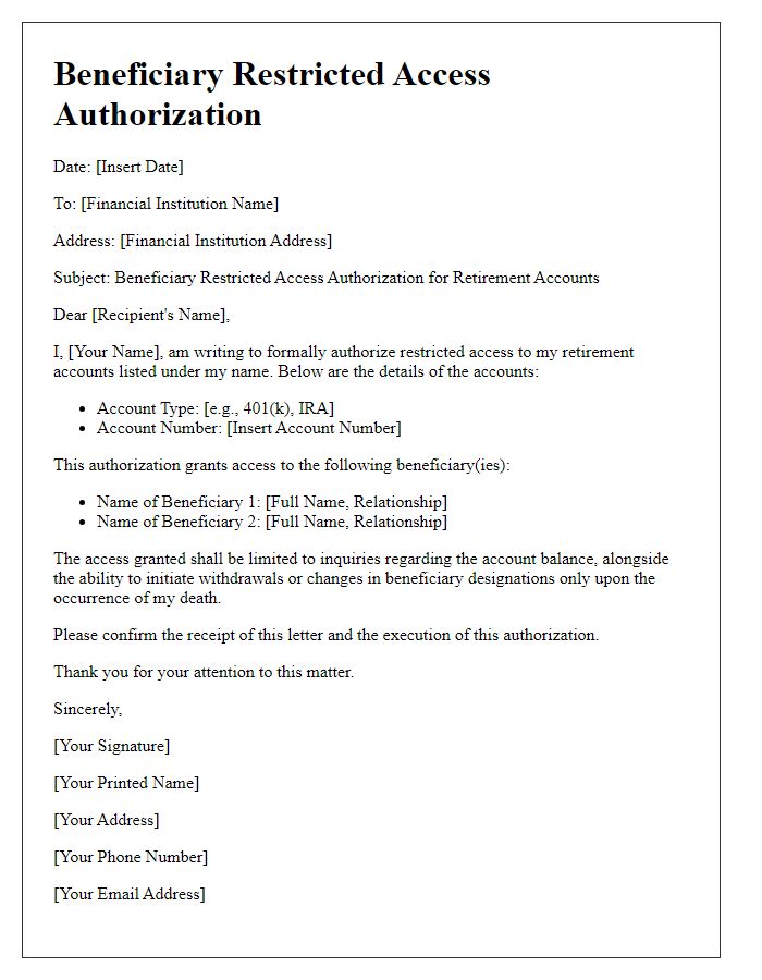 Letter template of Beneficiary Restricted Access Authorization for Retirement Accounts