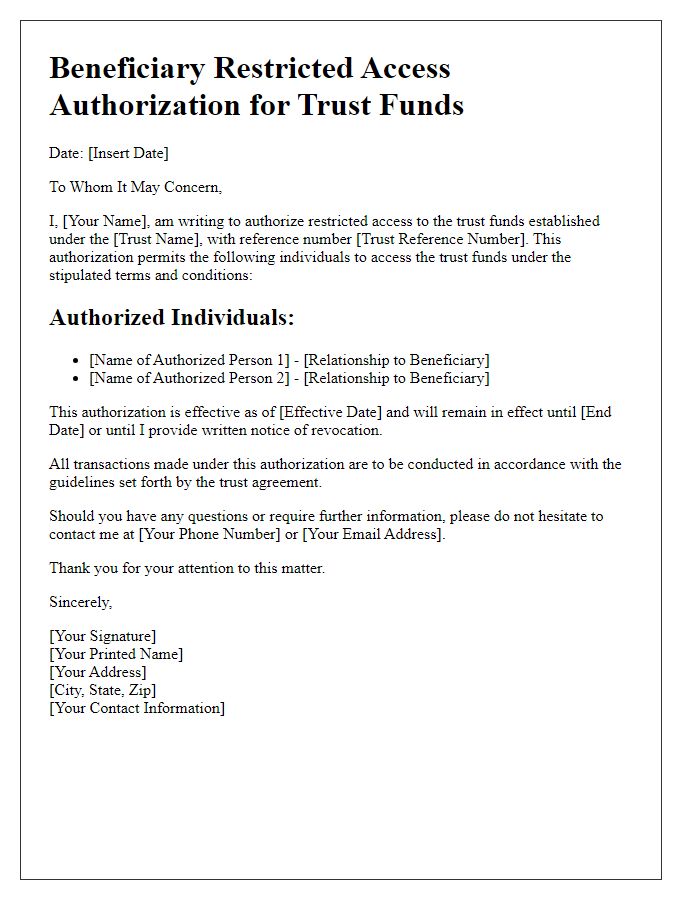 Letter template of Beneficiary Restricted Access Authorization for Trust Funds